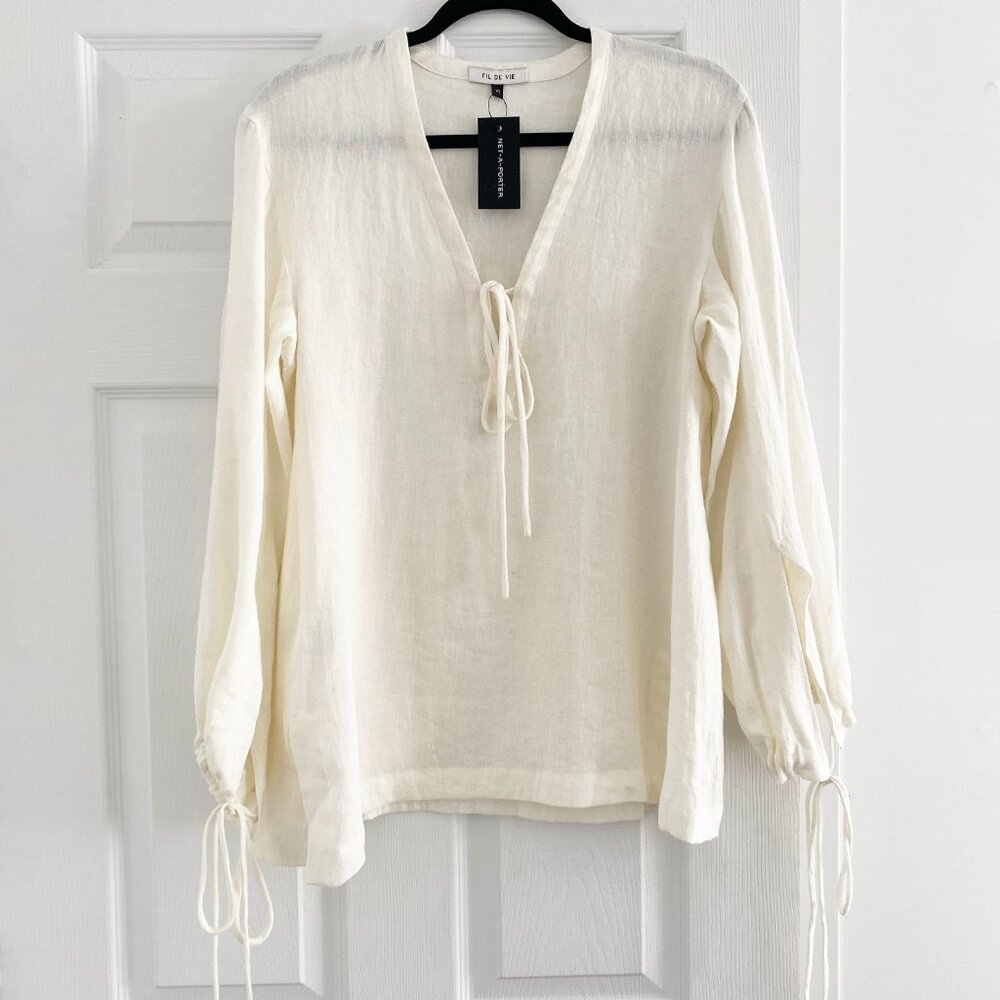 NWT! Fil De Vie "Essaouira" Linen Blouse in Ivory, size XS.